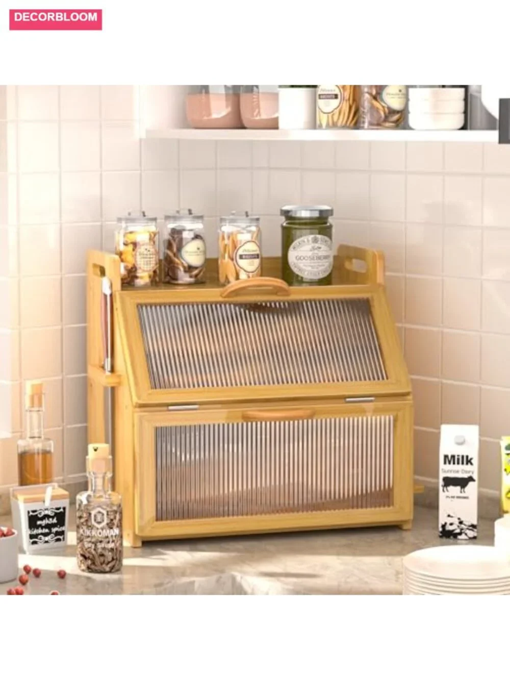 Large Bamboo Bread Box with Acrylic Window, Double Layer Kitchen Countertop